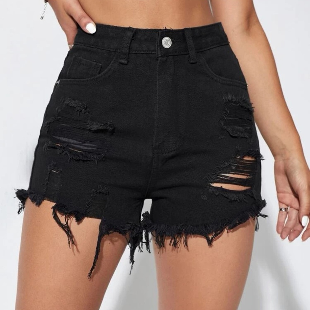 Distressed raw hem ripped high waisted denim jean shorts black - Picture 1 of 8